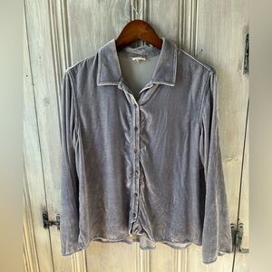 J JILL purple gray Velvet loose Button-Up Blouse lace trim boho WHIMSIGOTH L
